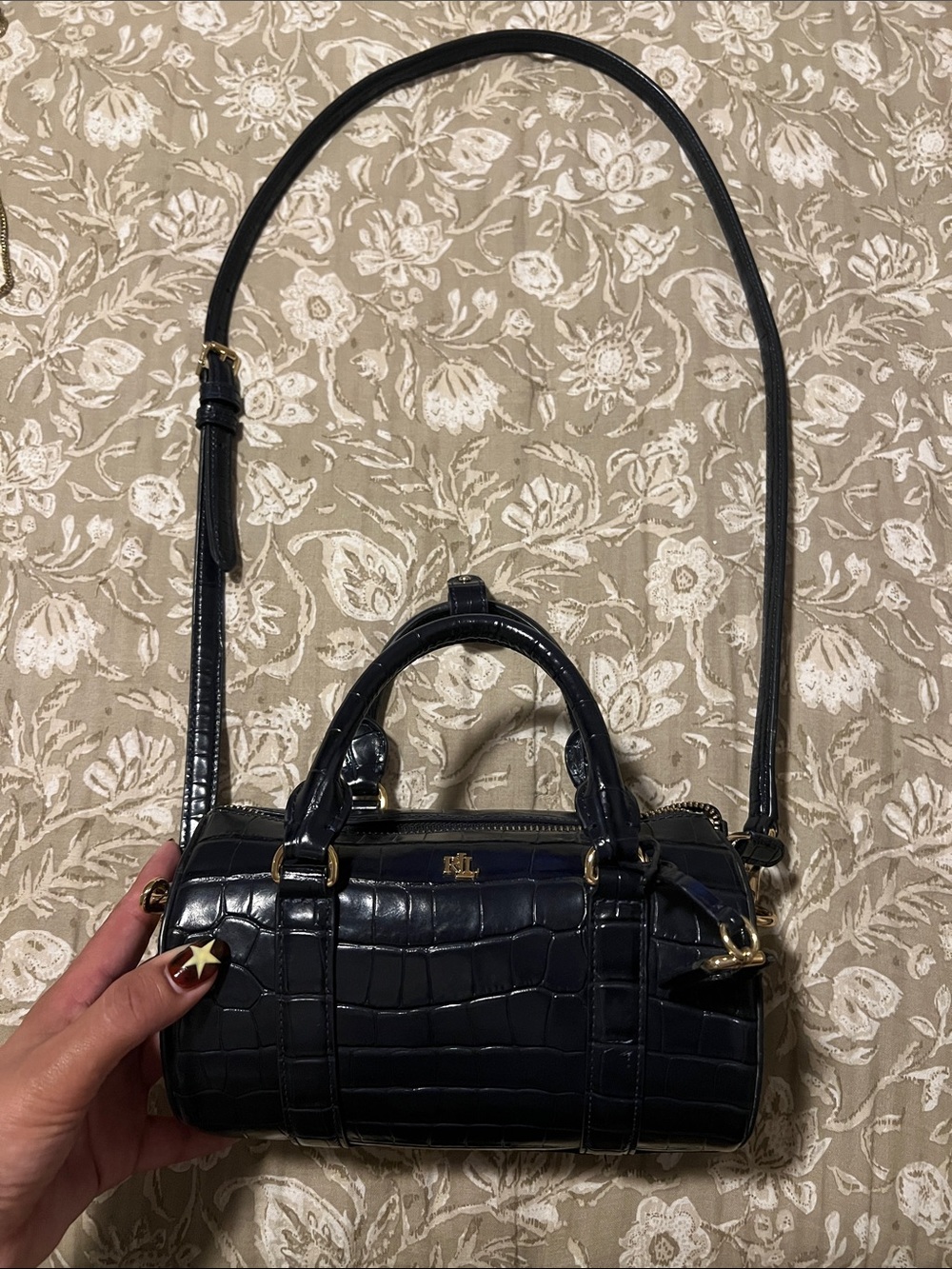Ralph Lauren Navy Croc-Embossed Barrel Crossbody with Gold Hardware